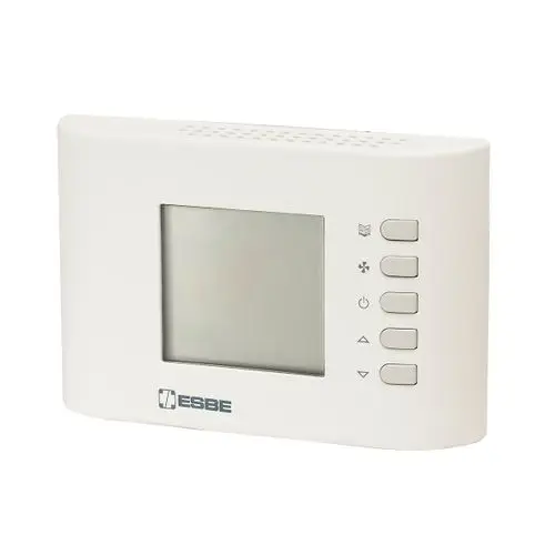 Weißes Raumthermostat mit Display und Bedienelementen, hergestellt von ESBE, umgeben von einer neutralen Oberfläche. Ideal zur Steuerung von Heizsystemen.